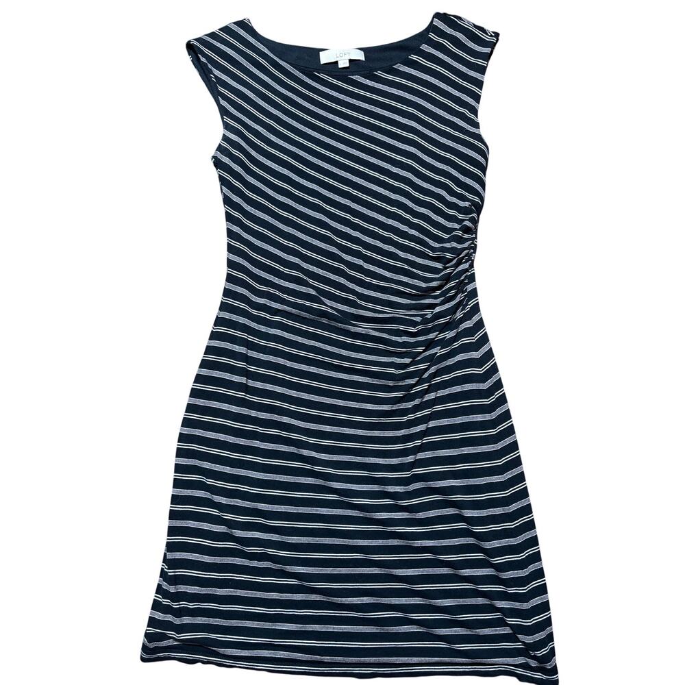Ann Taylor Loft Womens S Black & White Stripe Side Gathered Stretchy Dress